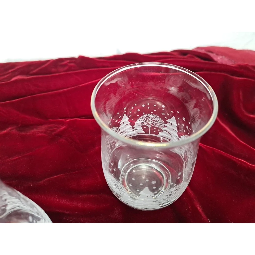 Set of 3 Winter Forest Frosted Glass Votive Candle Holders Gold Rim Christmas